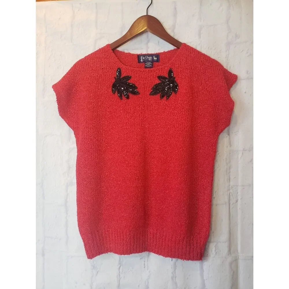 VINTAGE LE CHOIS Sequin Applique Cap Sleeve Sweater Medium